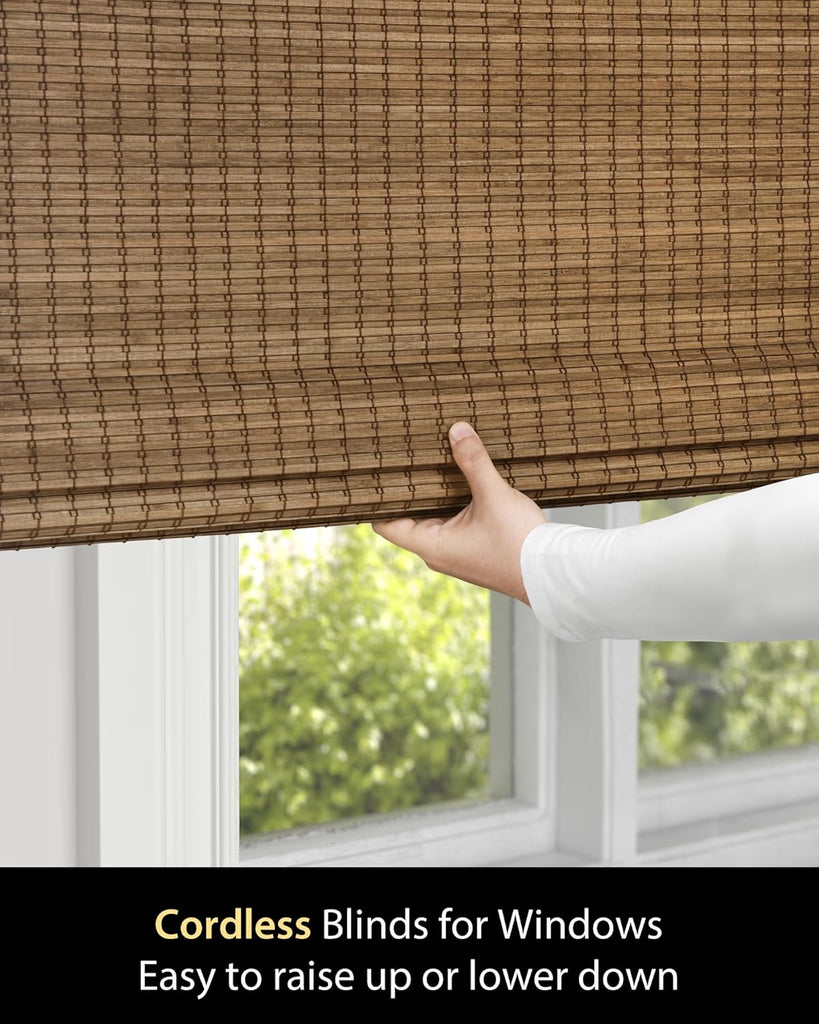 Cordless Bamboo Roman Shades, 35×64 in, Highfield Teak | Wide Bamboo Strip Weaving Technique, High light-blocking