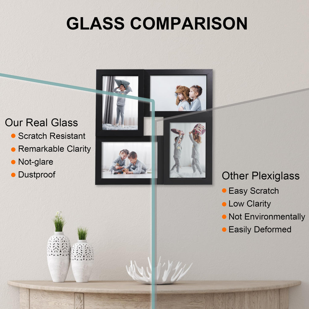 4x6 Picture Frames Collage 1 Pack, 4 Opening Multi Family Photo Collage Frames with Real Glass for Wall Hanging or