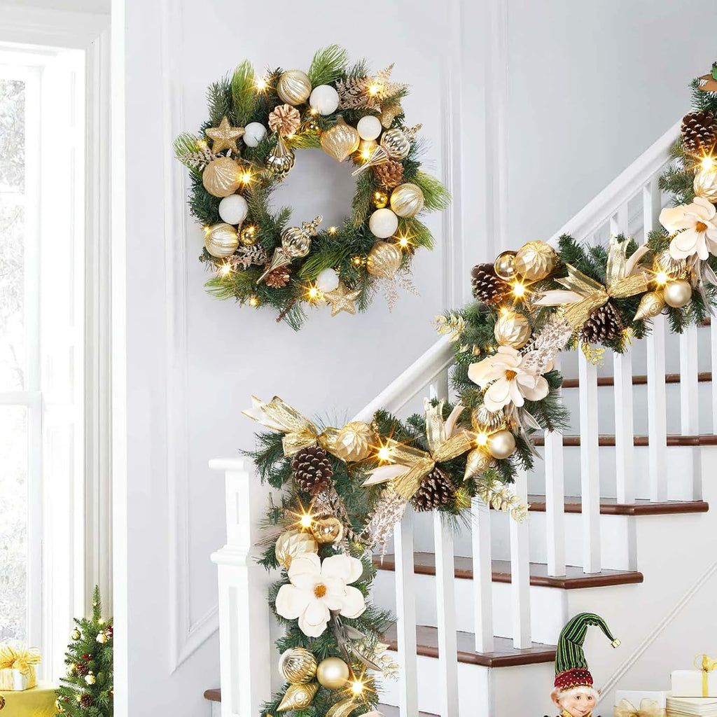 24-Inch Pre-Lit Christmas Wreath with 20 Battery-Operated LED Lights - Artificial Magnolia, Poinsettia & Gold White