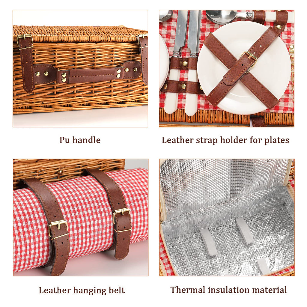 Red Plaid Wicker Picnic Basket for 4 with Waterproof Blanket