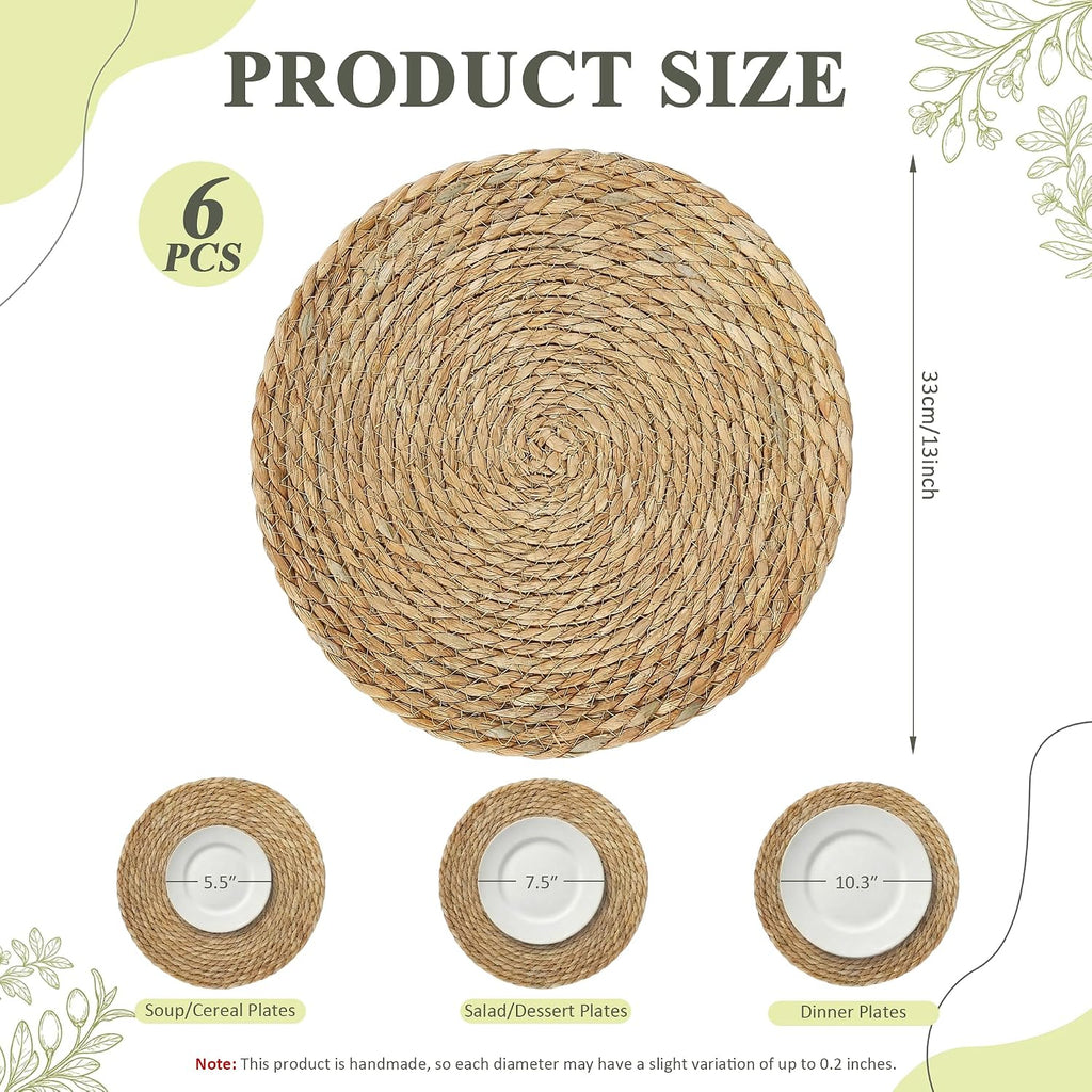 Round Woven Placemats 13in Rattan Charger Wicker Boho Place mat - Set of 6