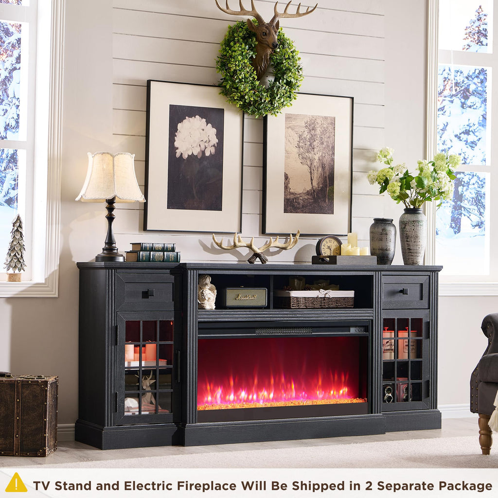 For 80 Inch TV, Farmhouse Highboy Entertainment Center w/LED Lights & 36" Electric Fireplace, Large Media Console