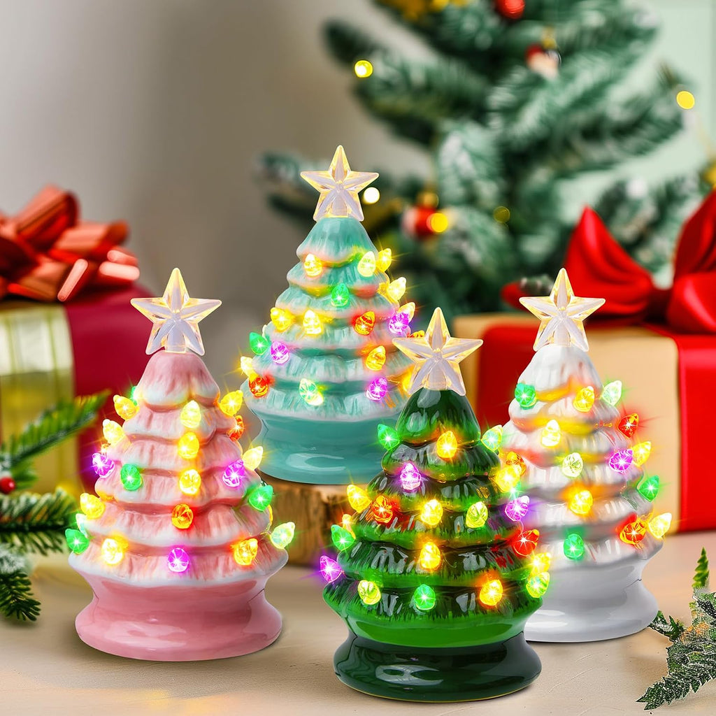 5 Inch Mini Ceramic Christmas Tree Set - 4 Pack Pre-lit Tabletop Christmas Tree with Multicolored LED Light, Battery