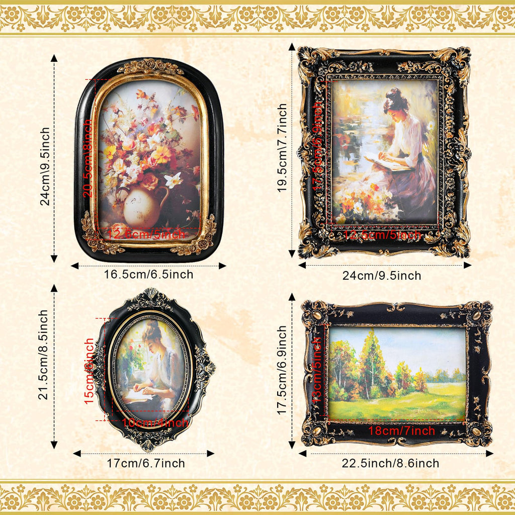 4 Pcs Vintage Picture Frames Set for Gallery Wall, Black Ornate Baroque Picture Frames, Antique Victorian Decorative