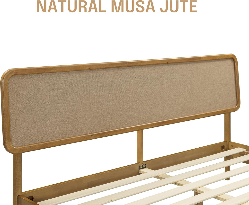 Lupin Wooden Bed Frame with Headboard, Solid Oak and Rubber Wood Foundation with Silent Slats and Wood Central - Set of 6
