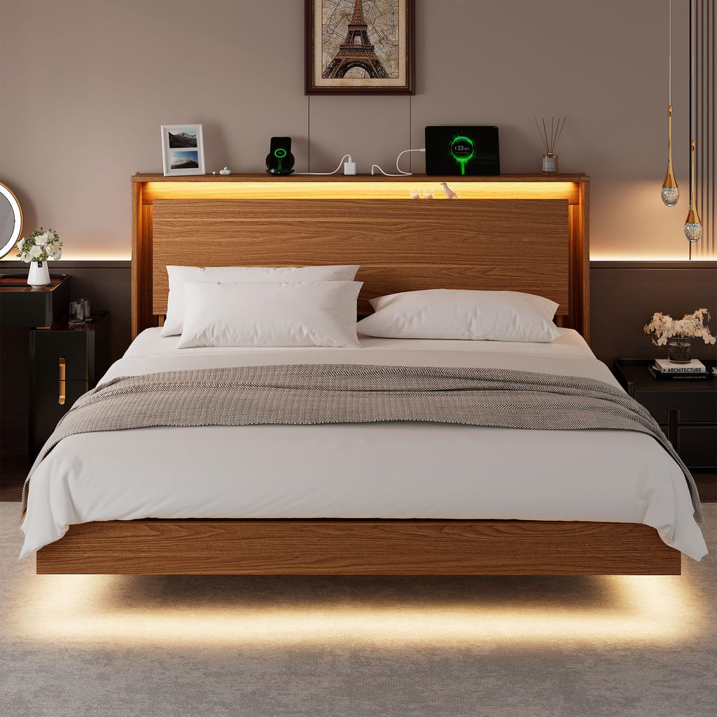 King Size Bed Frame with LED Lights & Charging Station - Wood Floating Bed Frame with Storage Headboard, Adhesive