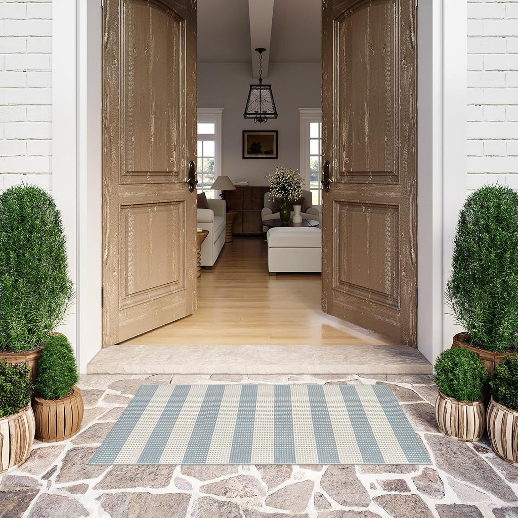 Layering Rug for Front Porch 2x4.3 Cute Welcome Mat Outside Entrance | Washable Front Door Mat, Blue White and Tan