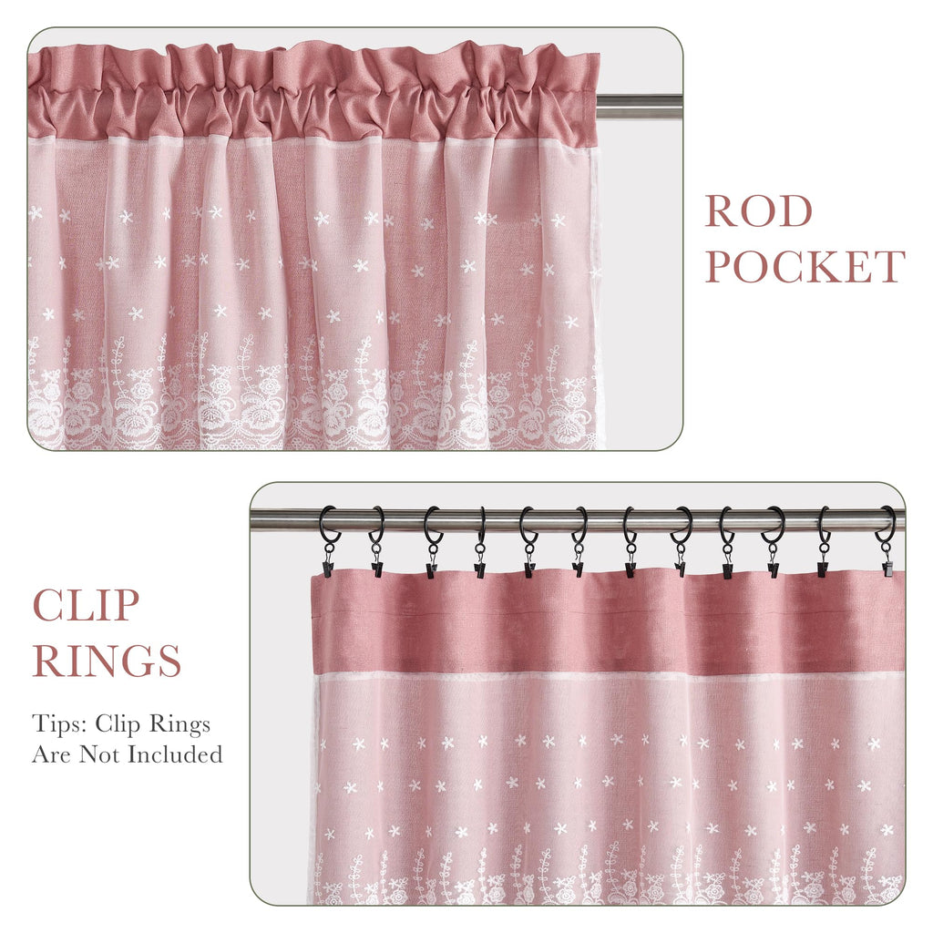Linen Kitchen Valance for Windows 18 Inch Long, Rod Pocket Lace Double Layer Valance Living Room Laundry Light