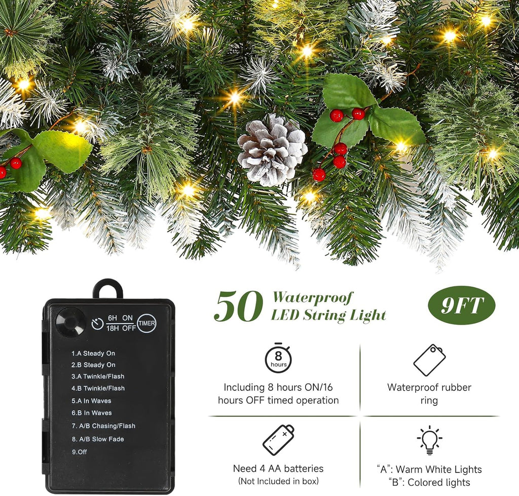 2Pcs 9FT Prelit Artificial Christmas Garland with Color Changing Lights and Timer by Batteries Operated for Mantle