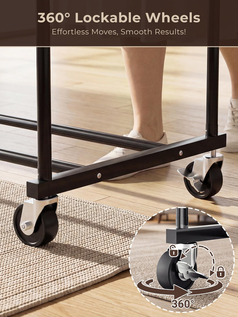 Clothes Rack, Rolling Clothing Rack with Double Rods for Hanging Clothes, Portable Garment Rack with Wheels, Metal