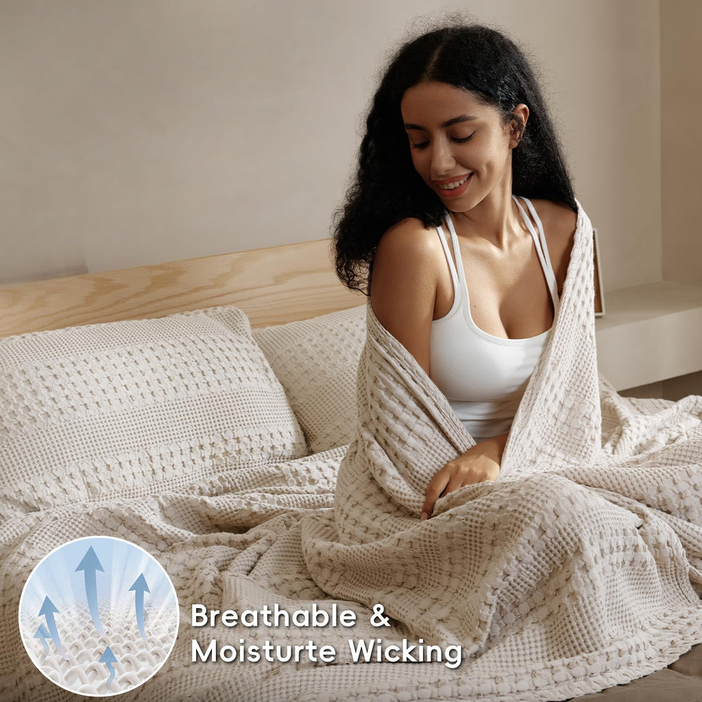 Lightweight 100% Cotton Waffle Blanket for Bed, Light Taupe