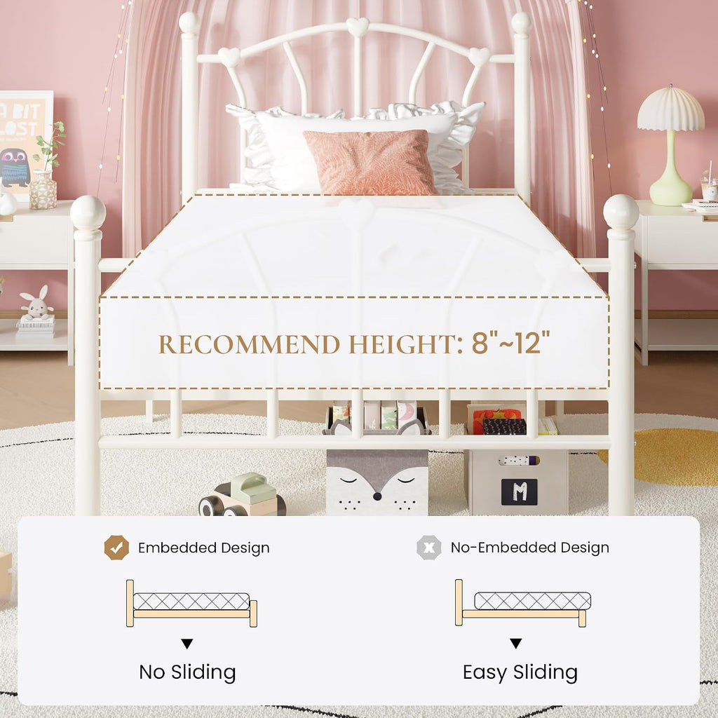 Metal Twin Bed Frame for Kids, Heart-Shaped Design, Cream White | 14 Inch Iron-Art Plarform Bed with