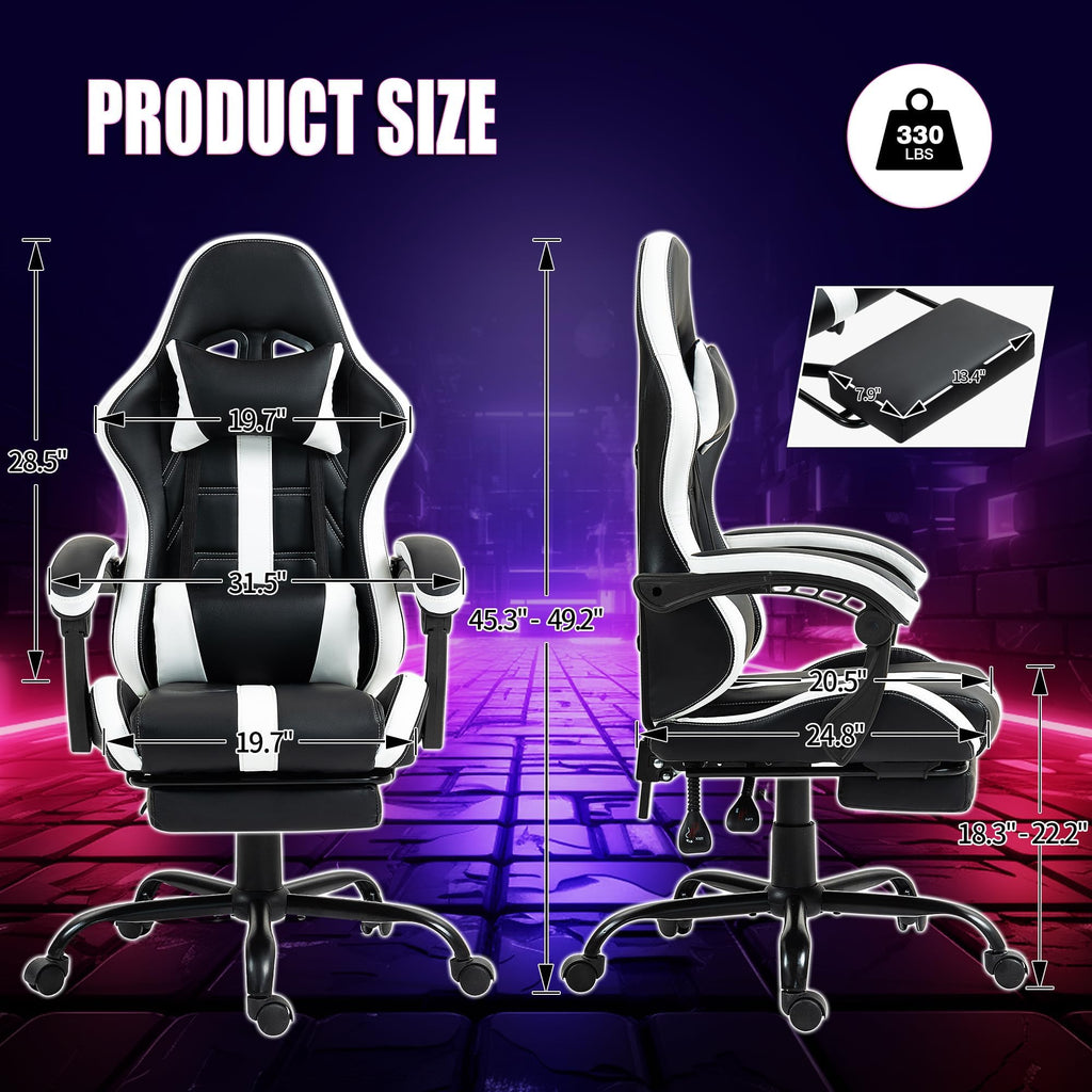 Gaming Chair with Footrest & Massage Lumbar Support, White