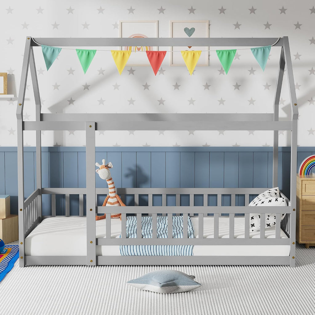 Montessori Floor Bed with Roof & Fence Guardrails for Boys Girls Bedroom, Floor Wooden Bed