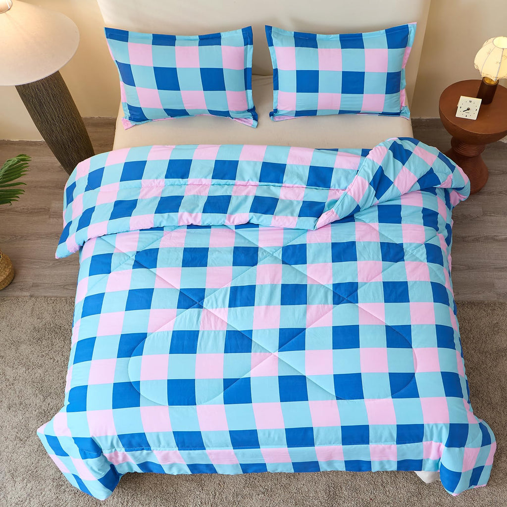 Checkered Comforter Set, Blue and Pink Plaid Comforter Bedding Set, Grid Gingham Fluffy Comforter Home Decor
