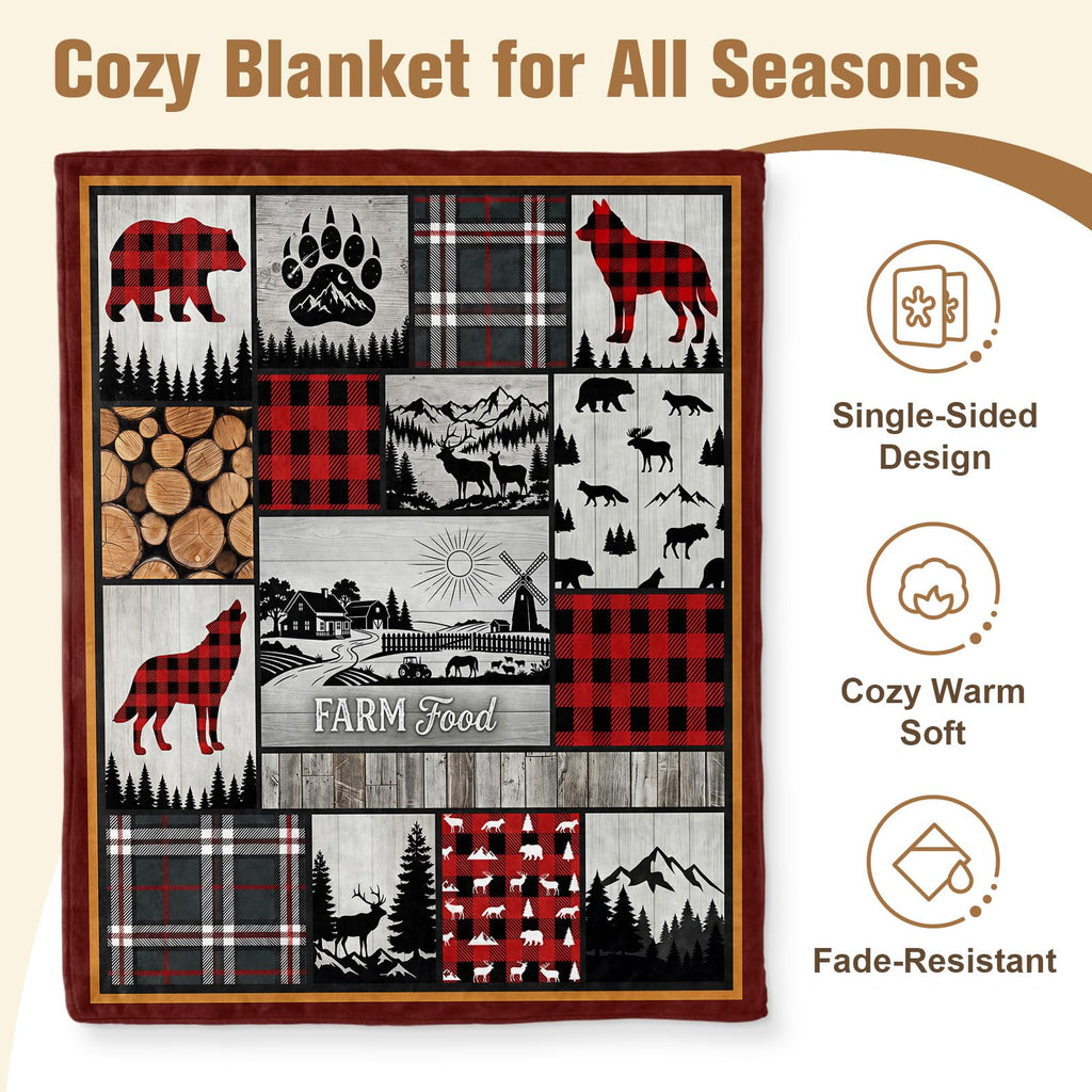 Rustic Cabin Blanket 50 x 60, Buffalo Plaid Wildlife Fleece Throw
