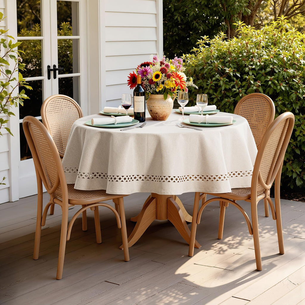 Beige 60 Inch Round Linen Tablecloth with Decorative Cutouts