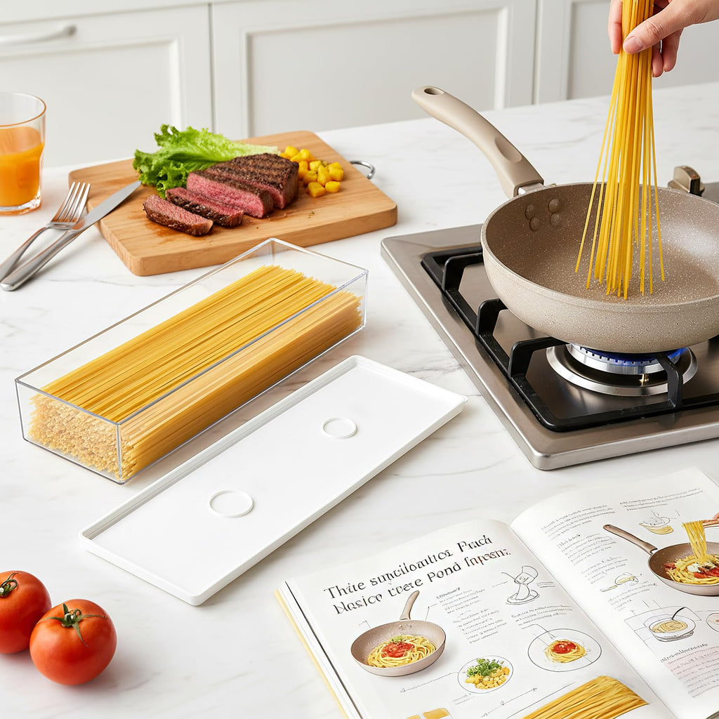 6 Pc Pasta Containers with Lids for Pantry, Airtight Spaghetti Noodle Holder, Plastic Food Keeper for Fridge Kitchen