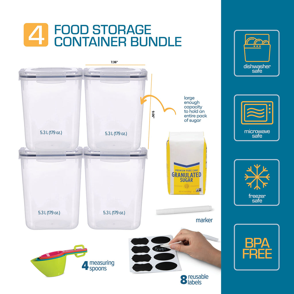 Flour Sugar Storage Containers (5.3L/4pk) Great Rice Canisters Sets For The Kitchen pantry, Large Food Storage