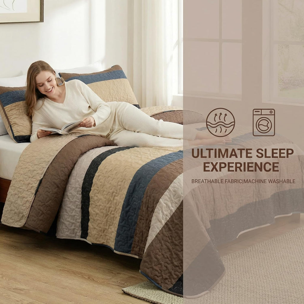 Full Queen Quilt Set - Reversible Camel Quilts Queen with 2 Pillow Shams, Lightweight Boho Striped Bedspreads