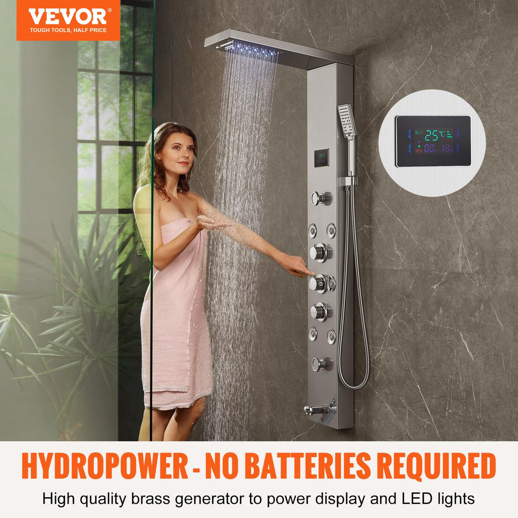 Shower Panel, 6 Shower Modes, LED & Screen Hydroelectricity Shower Tower Panel System, Rainfall, Waterfall, 8 Massage
