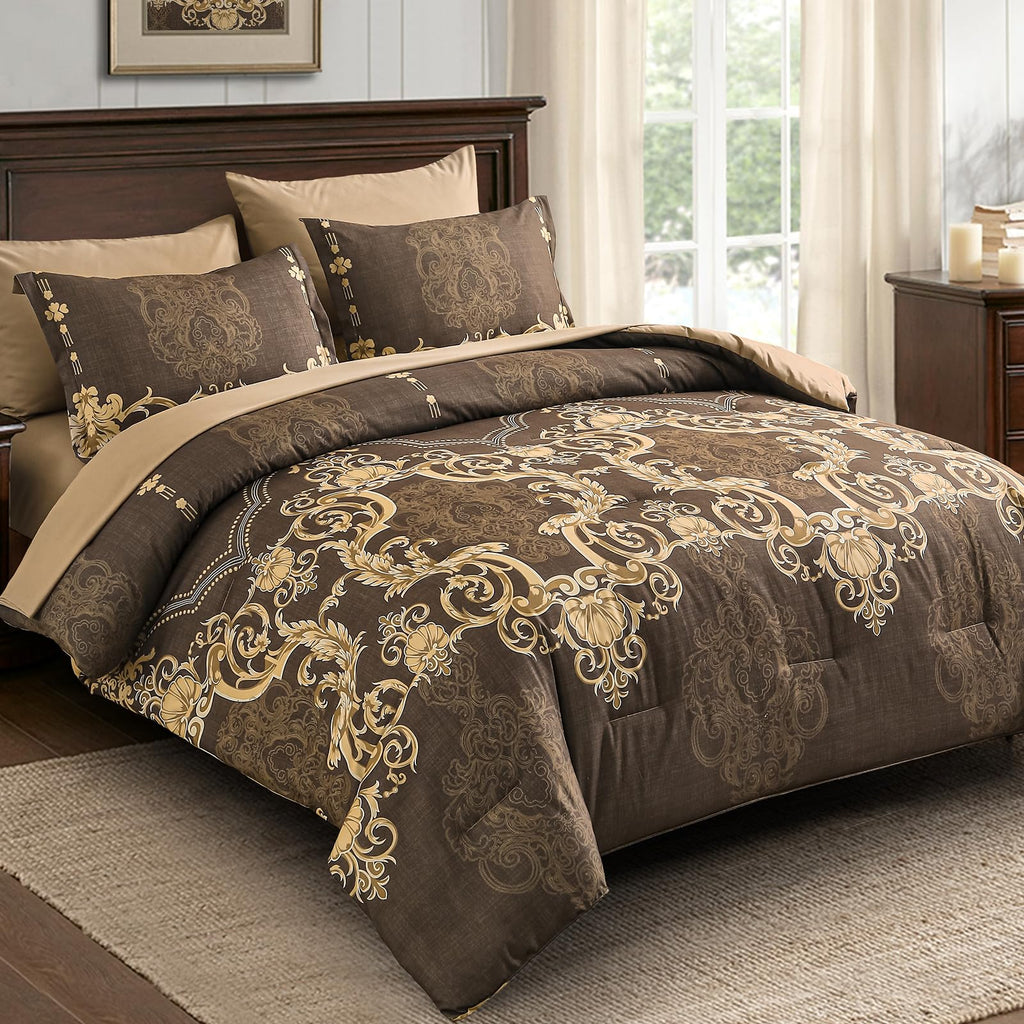 Coffee Comforter Set, 7 Pieces Damask Bed in a Bag