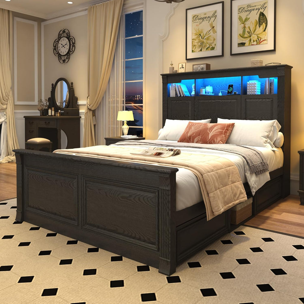 Farmhouse Queen Bed Frame with 55" Tall Storage Headboard & 4 Drawers, Wood Roman Column Platform Bed Frame with 24"