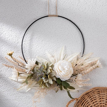 Artificial Floral Wreath for Front Door Floral Hoop Wreath Decor with White Flowers Green Leaves Garland Spring Wall