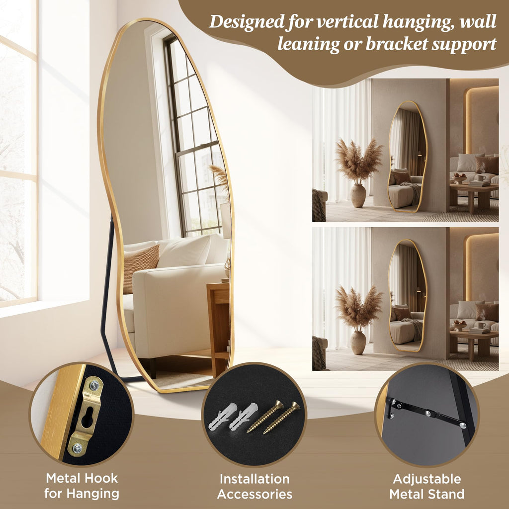 Mirror Full Length - Irregular Full Body Mirror Standing or Leaning or Wall Hanging 63"x 24" Asymmetrical Aviation