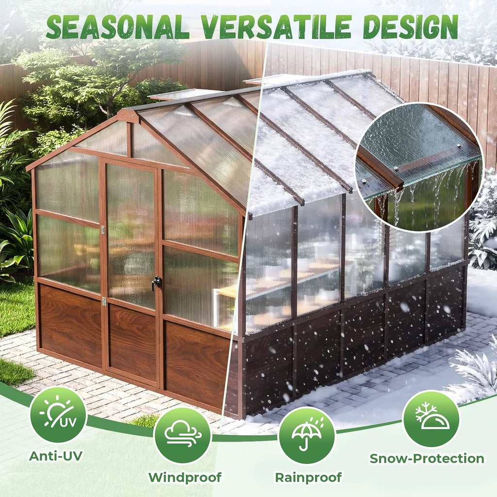 8x10ft Outdoor Greenhouse, Wooden Frame Polycarbonate Greenhouse with Adjustable Roof Vents and Lockable Door Handle