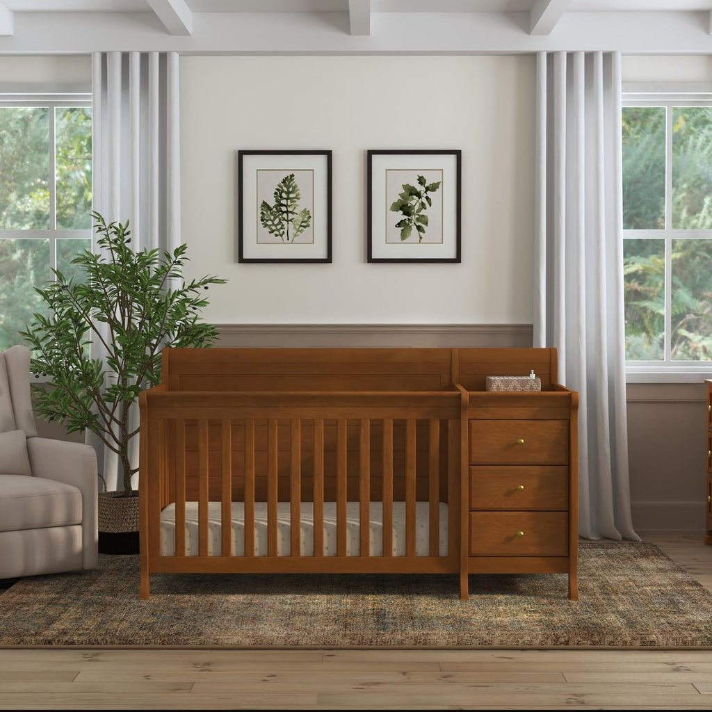 Kalani 4-in-1 Convertible Crib and Changer Combo in Chestnut | GREENGUARD Gold Certified, Converts to Toddler Bed