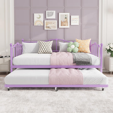 Twin Daybed with Trundle, Metal Sofa Bed Frame with Steel Slat Support, Twin Size Space-Saving Furniture, Love Heart