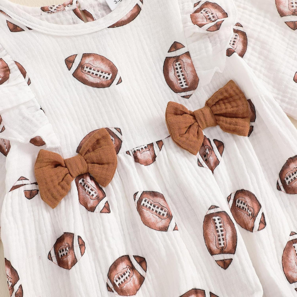 Newborn Baby Girl Football Outfit Rugby Print Ruffle Jumpsuit Puff Sleeve Linen Romper Headband Fall Clothes