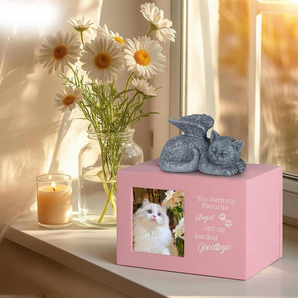Cat Urns for Ashes, Pink Wooden Keepsake with Photo Frame