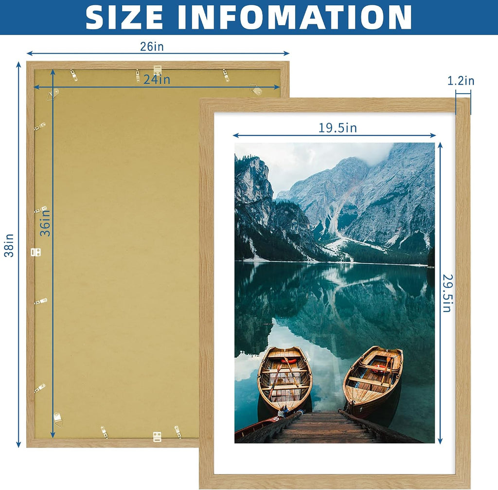 24x36 Poster Frame Set of 2, Natural Oak Wood Style - Display 20x30 Picture with Mat or 24 x 36 Poster without Mat