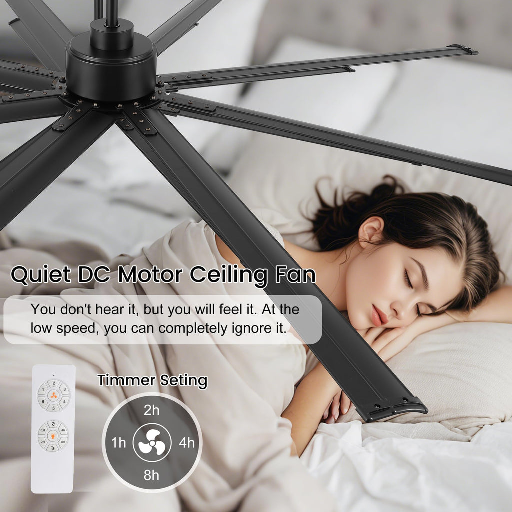 96" Ceiling Fan No Light Black, Reversible DC Motor, 6 Speed Remote Control, Industrial 8 Aluminum Blades with 3