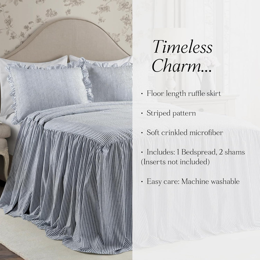Stripe Bedspread King 3 Piece Set Navy - Ruffle Bedding Set King Bedspreads - Striped Bedding - Farmhouse &