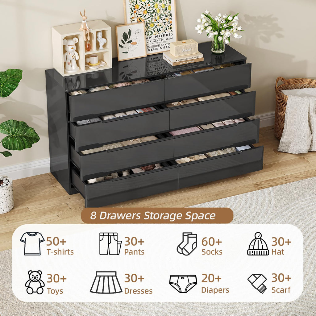 High Gloss Dresser, 47.2" Wide 8 Drawer Dresser, Black