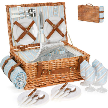 Wicker Picnic Basket Set for 4 Persons with Cooler & Blanket