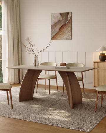 71" Sintered Stone Dining Table for 6, Rectangular Kitchen Table with Solid Wood Pedestal, Luxury Mid Century Modern