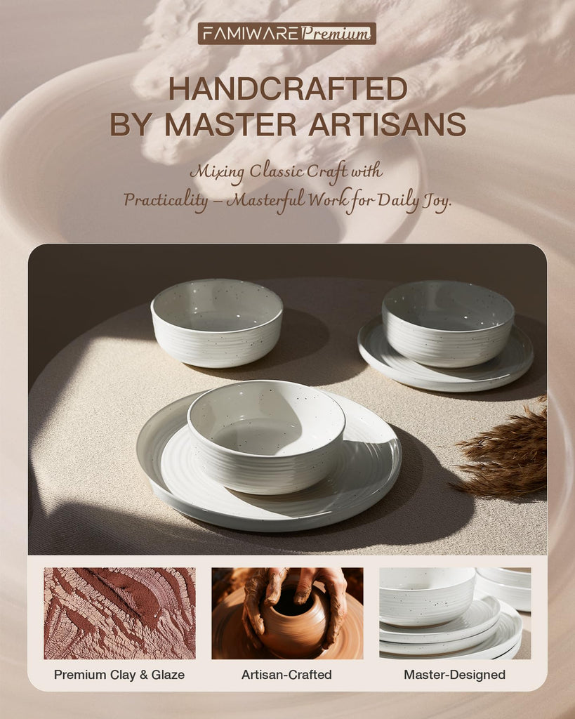 Stoneware Dinnerware Sets with Pasta Bowls, Dish Set for 6