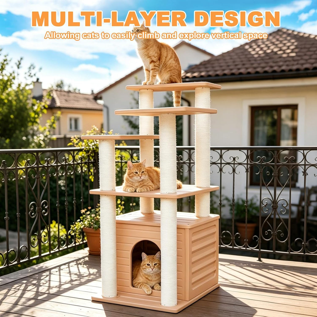 46" Indoor&Outdoor Cat Tower, Weatherproof Cat Condo with Scratching Posts