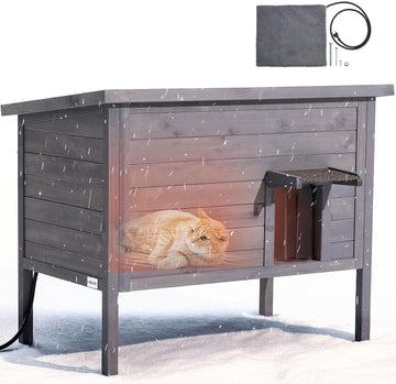 Heated Outdoor Cat House, Insulated Wooden Cat House for Cats, Waterproof Feral Kitty Shelter with Heating Pad, PVC