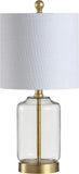19.5" Brass Gold and Clear Glass Table Lamp, Glam Transitional Bedside Lamp Nightstand, White Linen Drum Shade