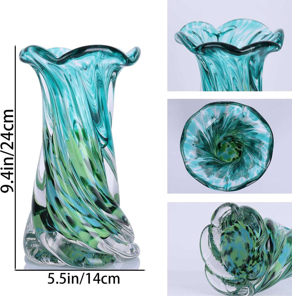Hand Blown Glass Vase, Teal Green Emerald Gradient Wide Mouth Art Glass Vase, Unique Decorative Vase Coffee Table