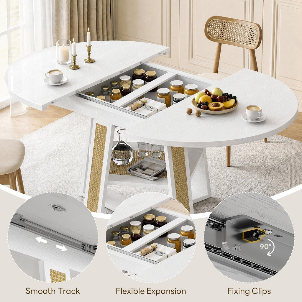 Dining Table, 43"-59" Extendable Round to Oval with Storage, White