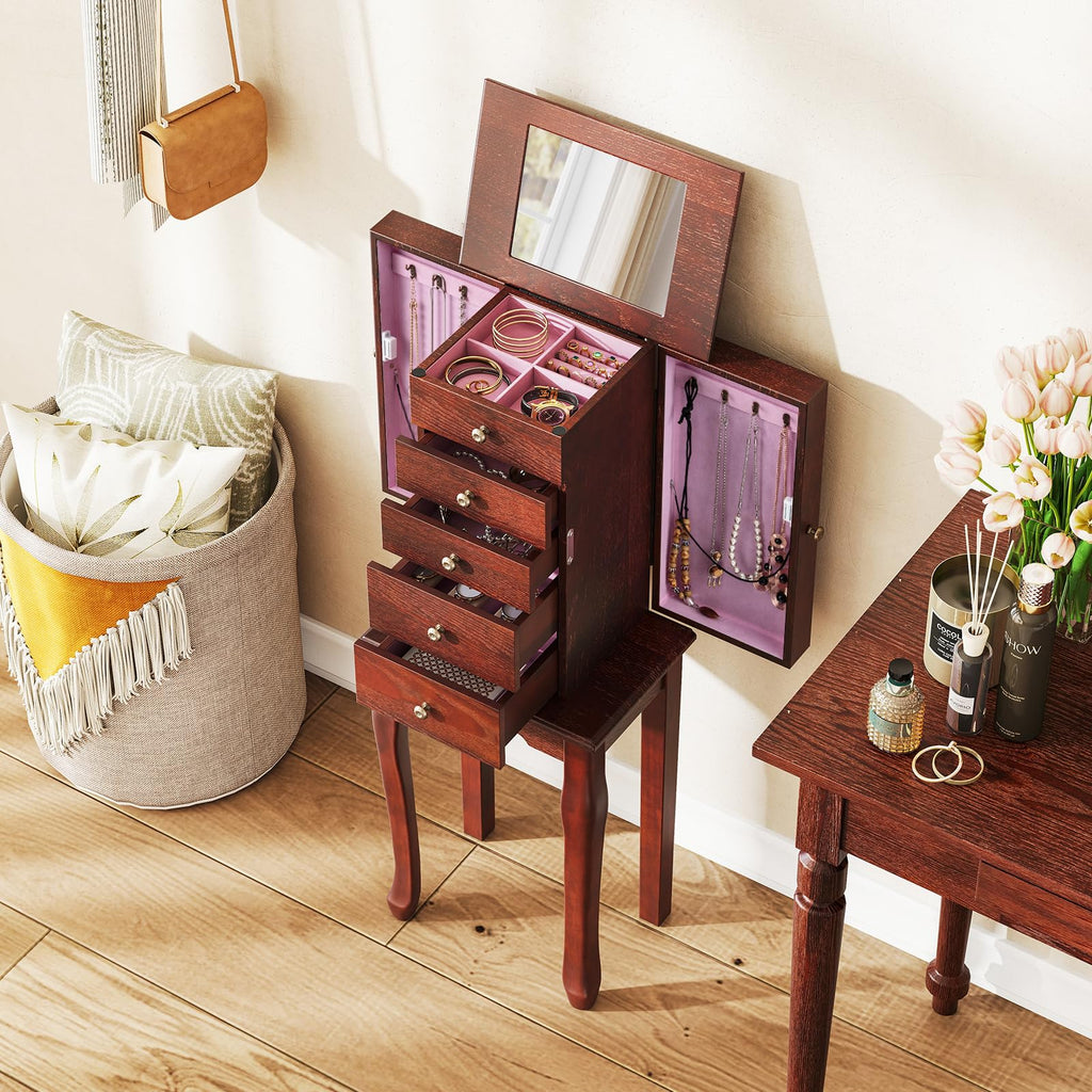 Standing Jewelry Armoire Cabinet with 4 Drawers, Flip Top Mirror, Top Storage Compartments, 2 Side Doors with 8