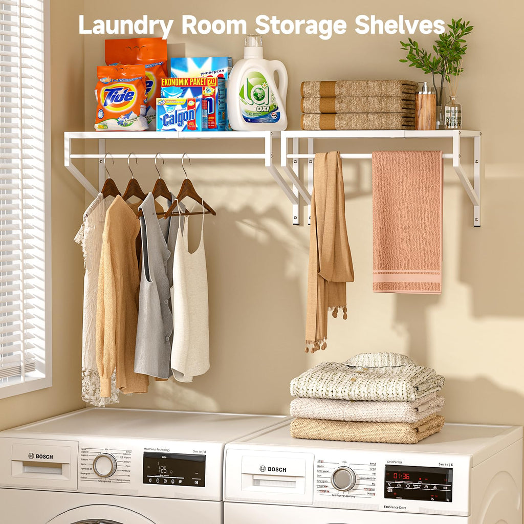Expandable Closet Shelves Wall Mounted, 2 Pack Closet Shelving with Hanging Rods, Wall Shelving for Walk-in Closet