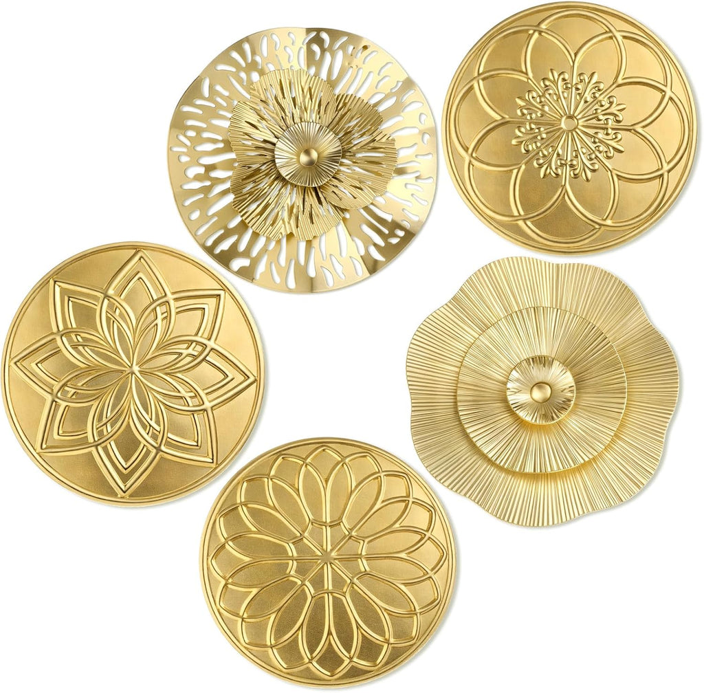 Inch Gold Metal Wall Art Decor Hanging Metal Flower Plate Modern Accent Wall Decorations Living Room Office - Set of 5