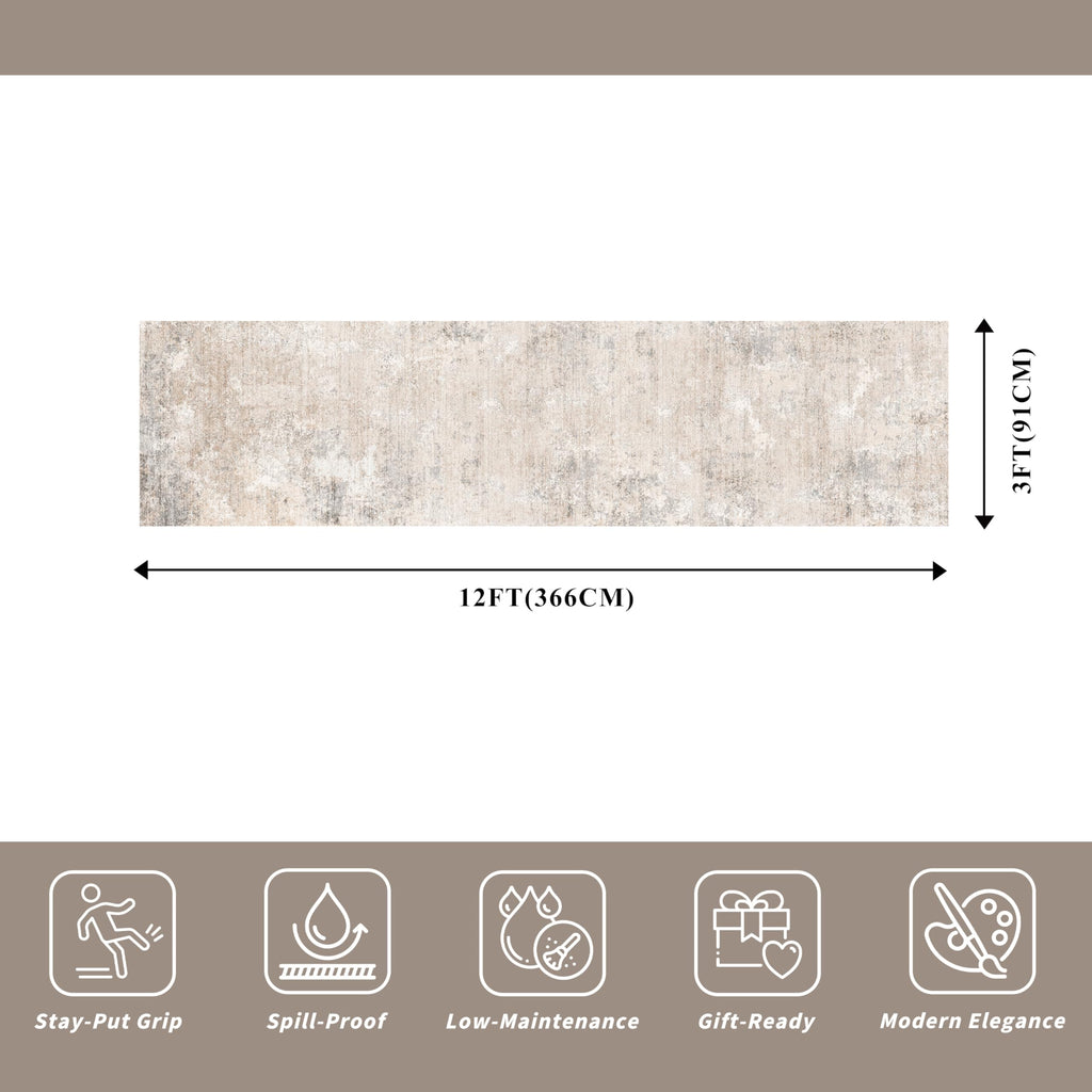 3x12 ft Washable Hallway Runner Rug - Long Non Slip Low Pile Thin Carpet Runners, Modern Abstract Neutral, Stain